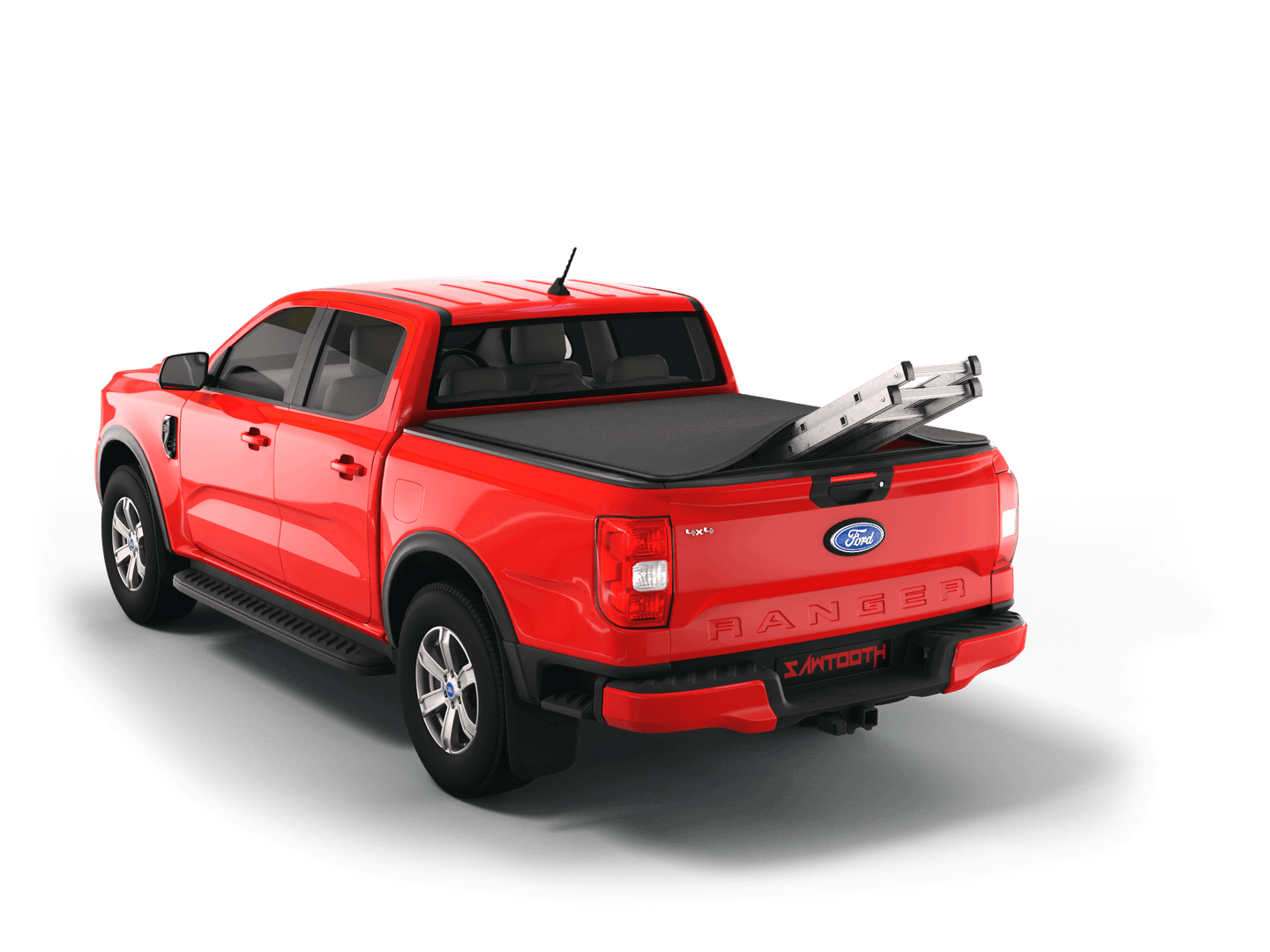 Red Ford Ranger with ladder sticking out of Sawtooth Stretch expandable truck bed cover